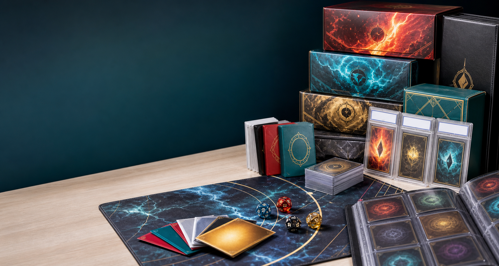 Trading card products, sleeves, binders, and accessories arranged for an online TCG shop